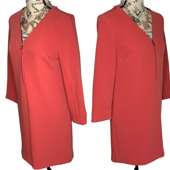 Zara Basic Coral Zip Front 3/4 Sleeve Shift Knee Length Dress Size S - Picture 2 of 12